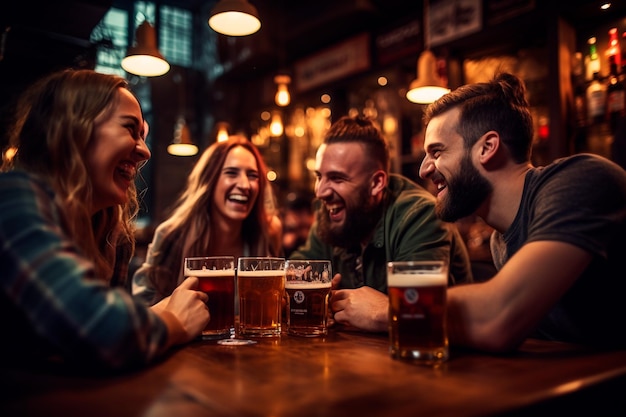 Um grupo de pessoas bebendo cerveja no restaurante da cervejaria do pub