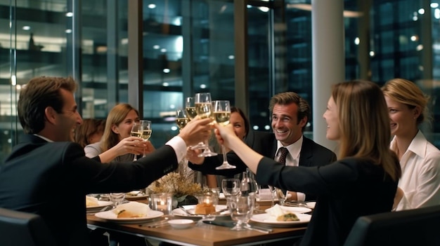 Foto um grupo de pessoas brindando com copos de champanhe em um restaurante