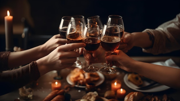 Um grupo de pessoas brindando com taças de vinho