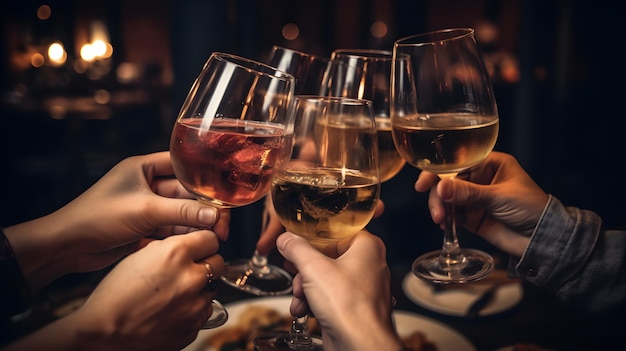 Um grupo de pessoas brindando com taças de vinho