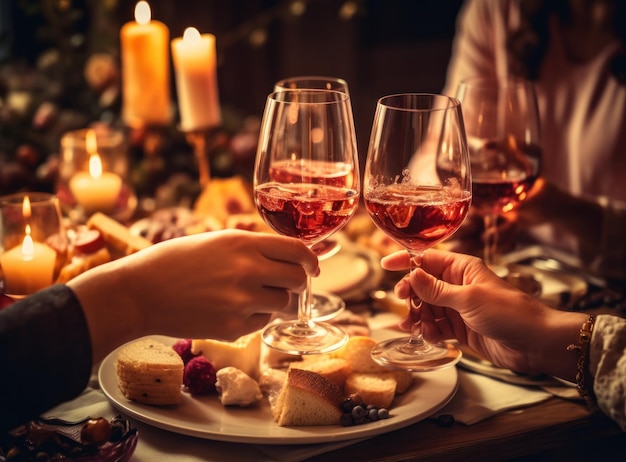 Um grupo de pessoas brindando com vinho e queijo em uma mesa