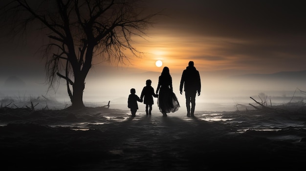 um grupo de pessoas caminhando ao longo da estrada durante o inverno