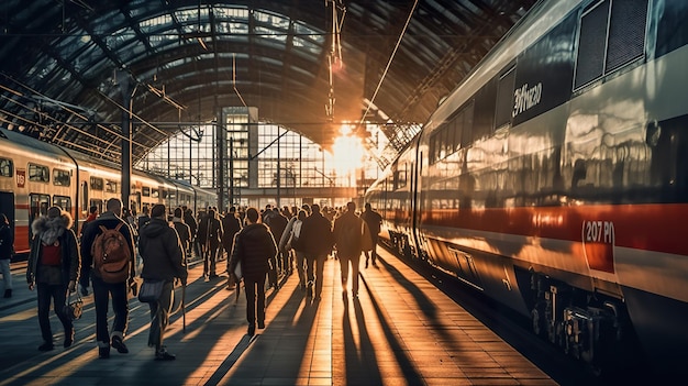 Um grupo de pessoas caminhando em direção a um trem em uma imagem ai generativa da estação de trem