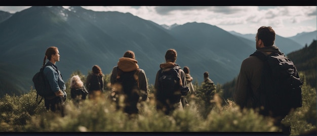 um grupo de pessoas caminhando em um campo com montanhas ao fundo.