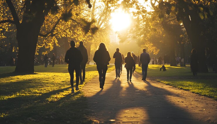 Foto um grupo de pessoas caminhando em um parque com o sol brilhando através das árvores