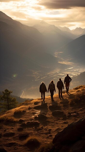 um grupo de pessoas caminhando em uma colina com o sol brilhando através das nuvens