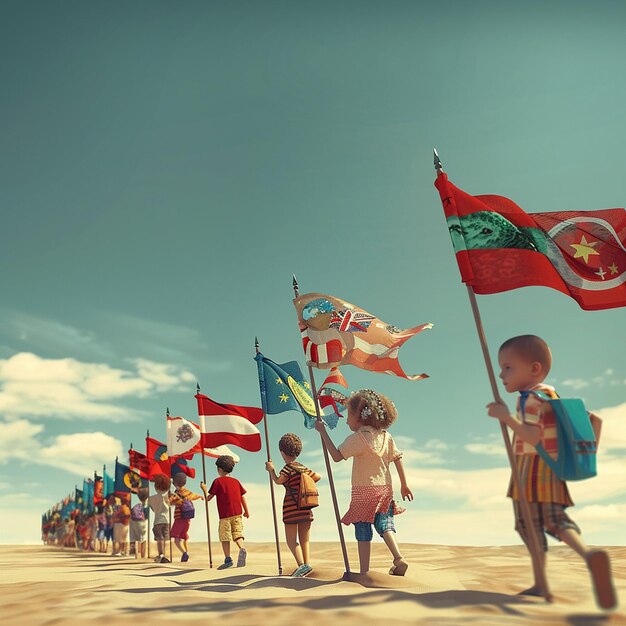 Foto um grupo de pessoas caminhando na areia com bandeiras e a palavra u s