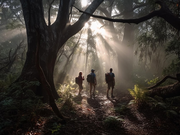 Um grupo de pessoas caminhando por um caminho em uma floresta densa com árvores altas e raios solares AI gerado AI generative AI generativ