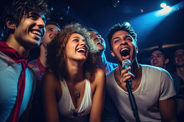 Um grupo de pessoas cantando em um microfone