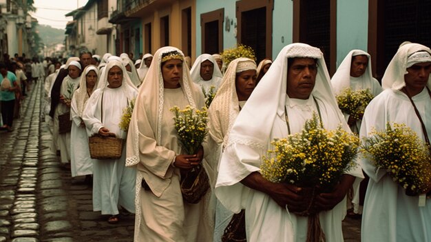 Um grupo de pessoas carrega flores em uma rua.