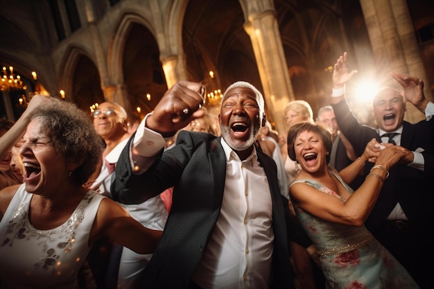 Foto um grupo de pessoas celebrando e celebrando um casamento em uma igreja