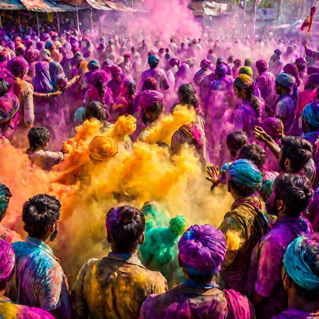 Um grupo de pessoas celebrando Holi e jogando Gulal no ar