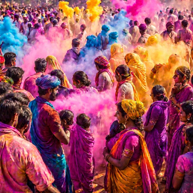 Um grupo de pessoas celebrando Holi e jogando Gulal no ar