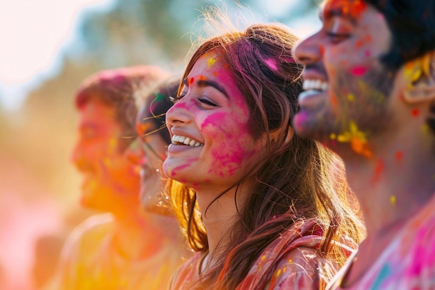 Foto um grupo de pessoas cobertas de tinta colorida