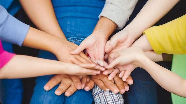 um grupo de pessoas com as mãos juntas, uma das quais está segurando um pequeno círculo