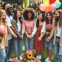 Foto um grupo de pessoas com balões e uma faixa que diz feliz aniversário