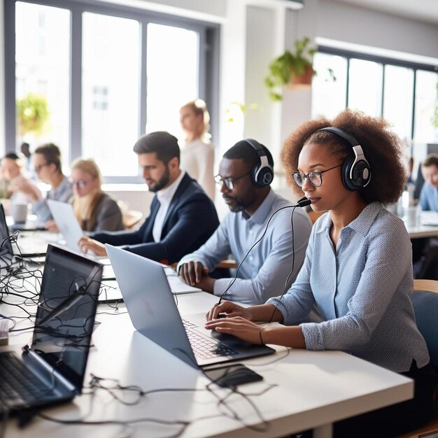 um grupo de pessoas com fones de ouvido em suas cabeças estão sentadas em uma mesa com um deles usando fones de ouvir