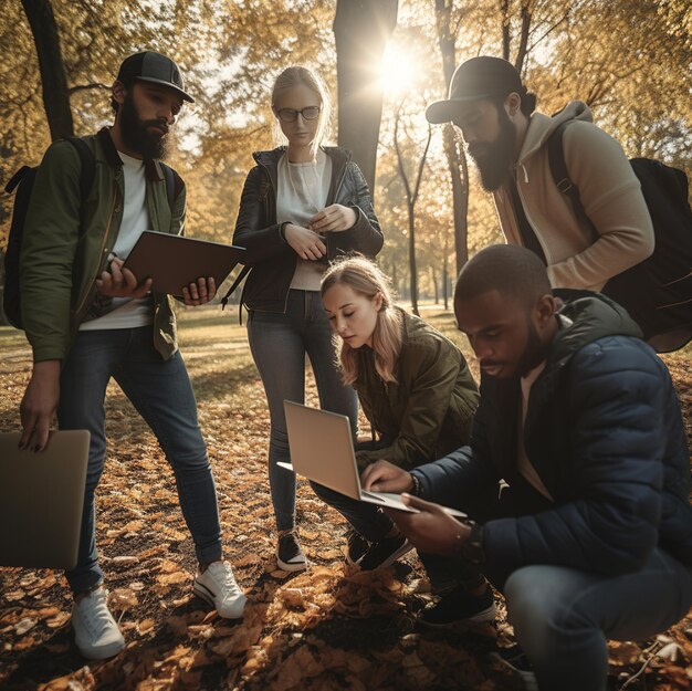 um grupo de pessoas com laptops está no parque.