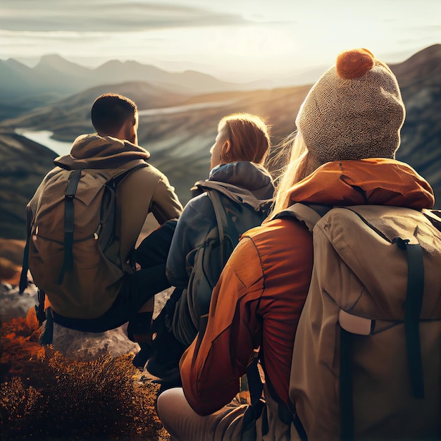 Um grupo de pessoas com mochilas em uma montanha