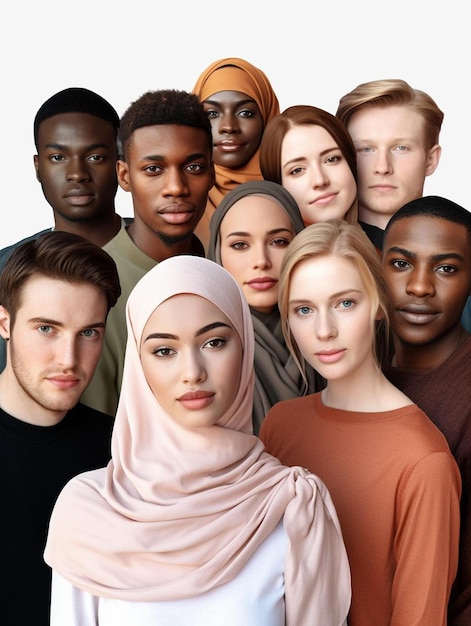 Foto um grupo de pessoas com rostos diferentes e a mesma com um lenço rosa.