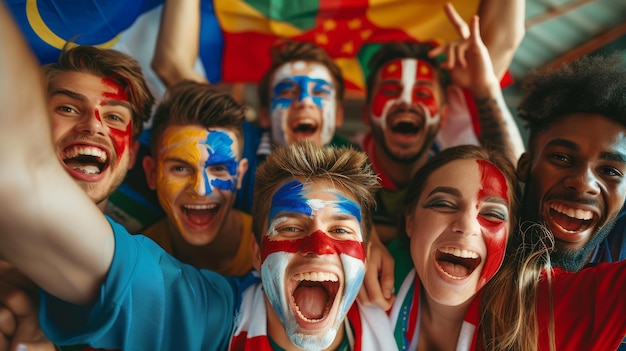 Um grupo de pessoas com rostos pintados em uma variedade vibrante de cores criando um impressionante e caprichoso