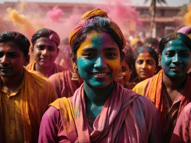 um grupo de pessoas com tinta colorida em seus rostos e rostos todos sorrindo