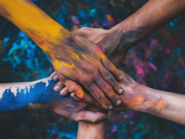 Foto um grupo de pessoas com tinta nos braços