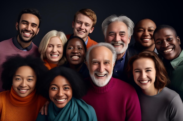 um grupo de pessoas com um homem em uma camisola vermelha com um sorriso no rosto