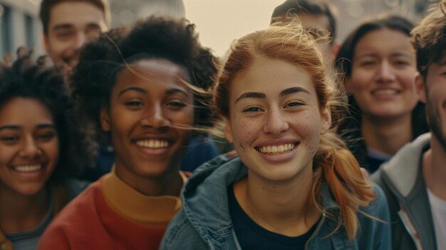 um grupo de pessoas com uma menina sorrindo e um homem no fundo