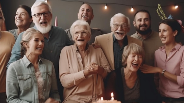 Um grupo de pessoas comemorando um aniversário com uma vela na mesa