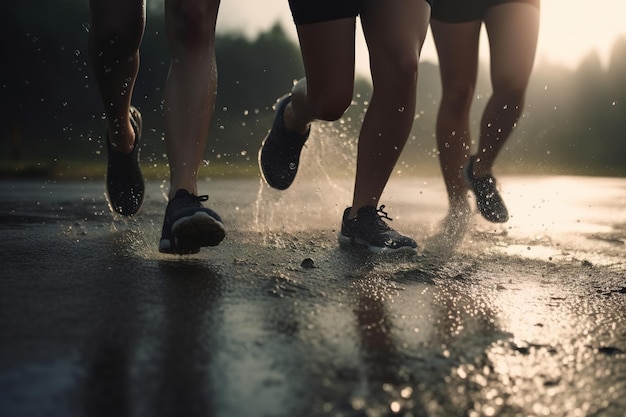 Um grupo de pessoas correndo na chuva, uma das quais está usando sapatos pretos.