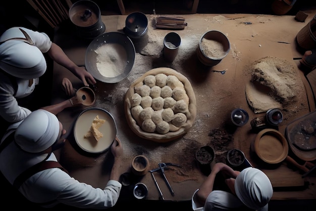 Um grupo de pessoas cozinhando comida em uma mesa