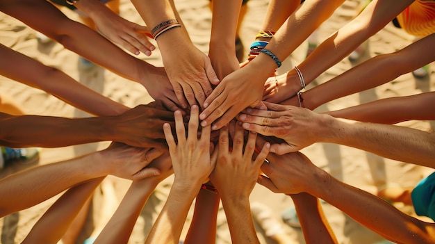 Um grupo de pessoas de diferentes tons de pele juntam as mãos sobre a areia