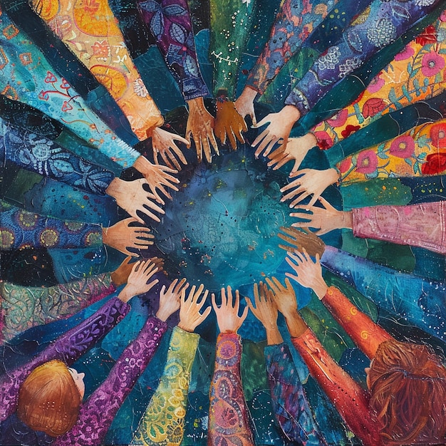 Foto um grupo de pessoas de mãos dadas em círculo com um deles dizendo que estamos todos juntos