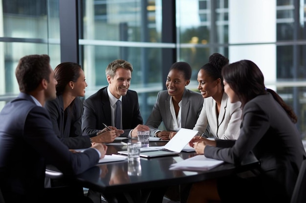 um grupo de pessoas de negócios sentadas em torno de uma mesa com um sinal que diz negócios