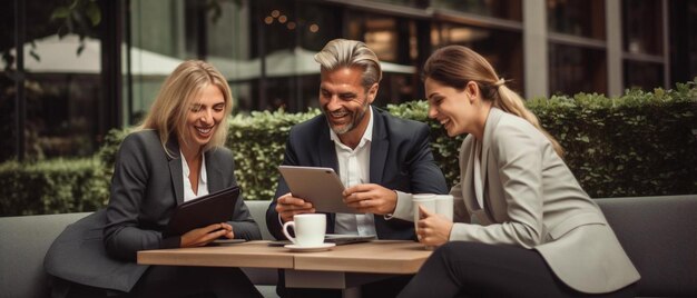 Foto um grupo de pessoas de negócios sentadas em uma mesa com um lendo um menu e um lendo um livro