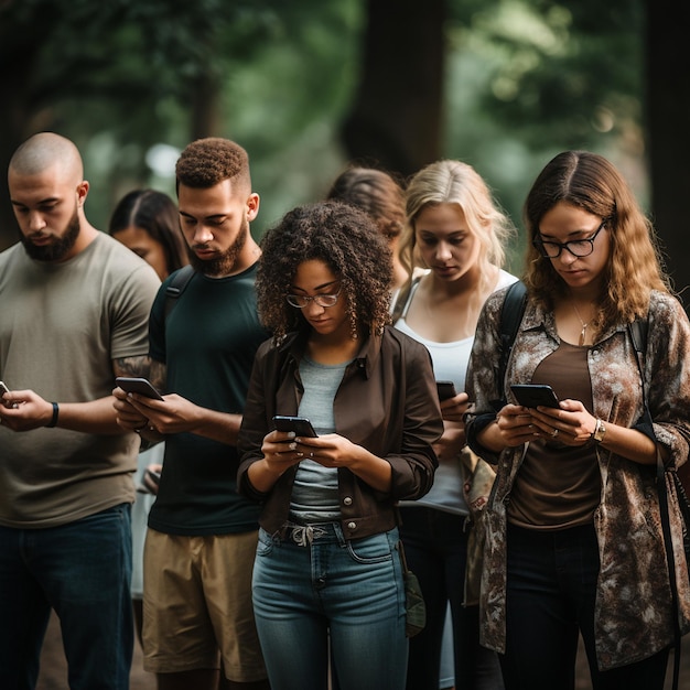 um grupo de pessoas de pé e olhando para o telefone