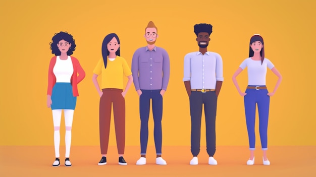 um grupo de pessoas de pé em frente a um fundo amarelo