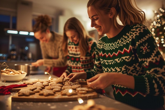 Foto um grupo de pessoas de pé em torno de uma mesa com biscoitos sobre ele