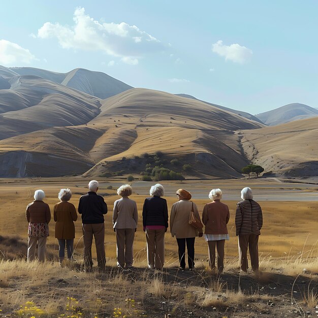 Foto um grupo de pessoas de pé em um campo um dos quais tem um número deles segurando uma câmera