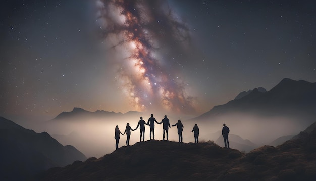 Um grupo de pessoas de pé numa montanha com a galáxia atrás deles.