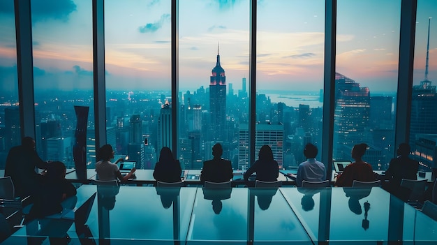 Um grupo de pessoas desfrutando da vista do horizonte da cidade em um escritório elegante