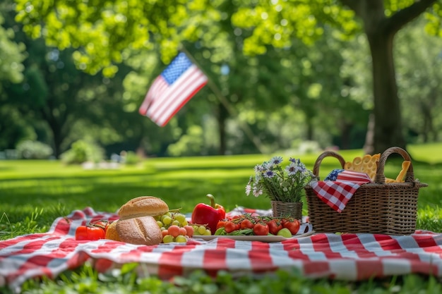 Um grupo de pessoas desfrutando de um piquenique no parque cercado por uma variedade de frutas frescas e pão uma cena de piqueniche no dia do memorial em um parque com uma bandeira americana no fundo gerado por ia