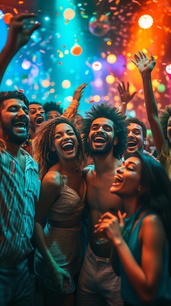 Um grupo de pessoas diversas dançando e se divertindo em uma festa