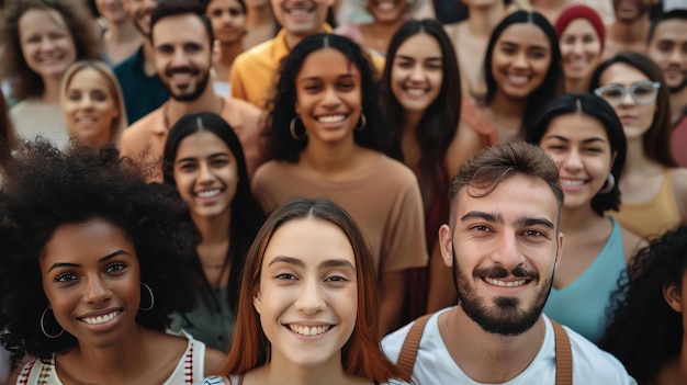 Um grupo de pessoas diversas de diferentes culturas e etnias estão sorrindo e olhando para a câmera