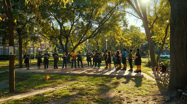 Um grupo de pessoas diversas está cantando em um parque. Todos estão vestindo roupas casuais e parecem estar se divertindo.