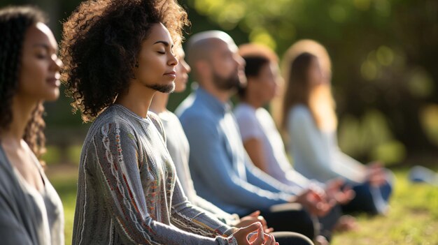 Foto um grupo de pessoas diversas está sentado em um parque meditando todos estão vestindo roupas confortáveis e têm os olhos fechados