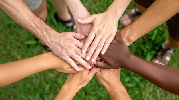 Um grupo de pessoas diversas juntam as mãos sobre um fundo de grama verde