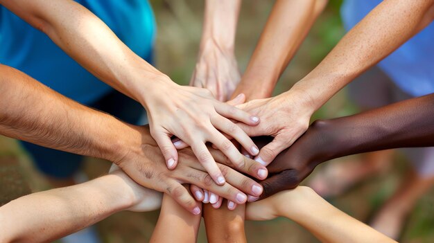 Foto um grupo de pessoas diversas unindo as mãos sobre um fundo desfocado