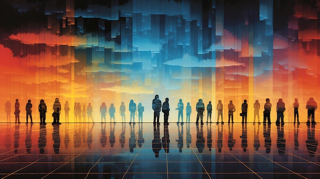 um grupo de pessoas em frente a um céu colorido com a cidade ao fundo